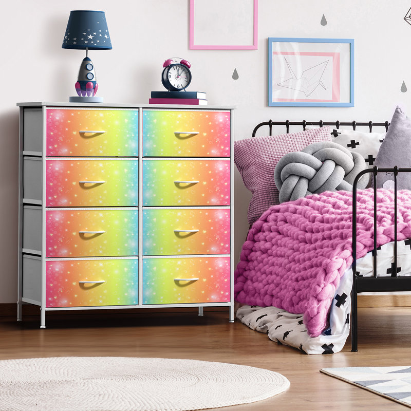 Dresser with 8 Drawers with Steel Frame, Wood Top, and Fabric Bins in Stars Tie-Dye, Stars