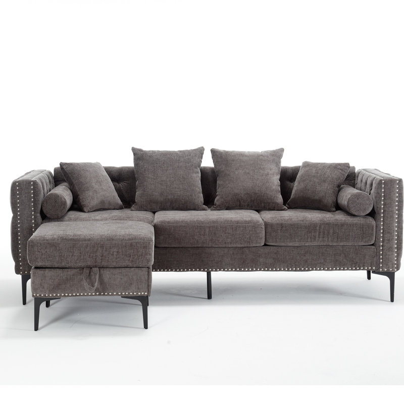 Canapé modulaire en L avec rangement convertible, tissu chenille, accoudoir carré, canapé moderne, 3 places, dossier gris foncé, gris et facilité