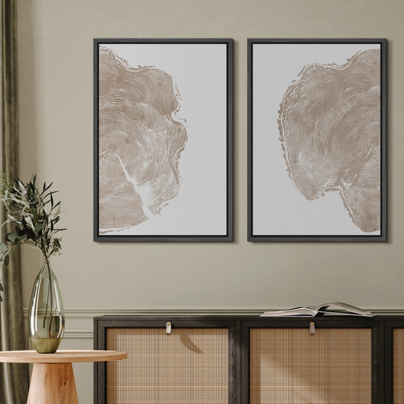 Pastel Tan Unique Wood Tree Ring Neutral Modern Organic Framed Canvas 2 Pieces Print Wall Art Decor, Black Floater Framed
