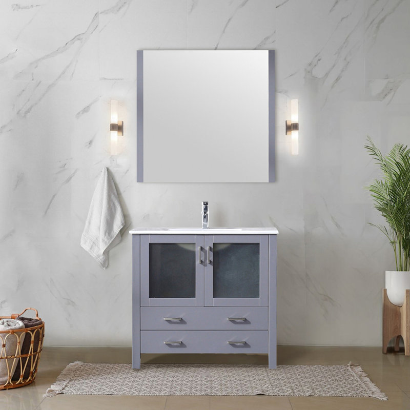 Ensemble de meuble-lavabo avec comptoir en céramique blanche et robinet, Gris foncé