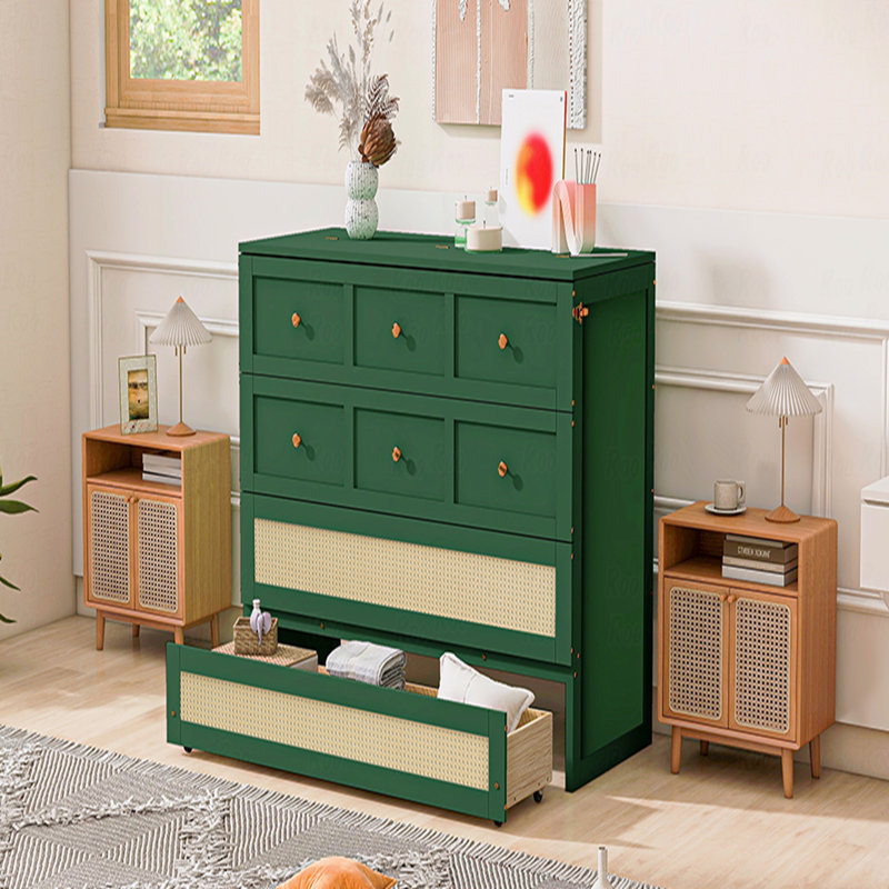 Structure de lit escamotable double avec grands tiroirs, Vert