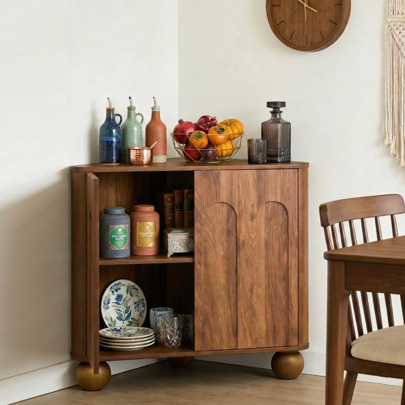 31.1" Modern Corner Cabinet With Arched Doors - Space Saving Small Storage Cabinet For 90 Degree Corners - Natural Wood Accent Cabinet With Adjustable Shelf