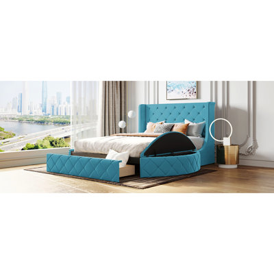 Grand lit plateforme tapissier en velours avec aspect à oreilles, grand tiroir de rangement, deux tabourets latéraux, structure solide pour une utilisation à long terme, base de support à 10 lattes, tête de lit, tiroir en bas, 800 lb