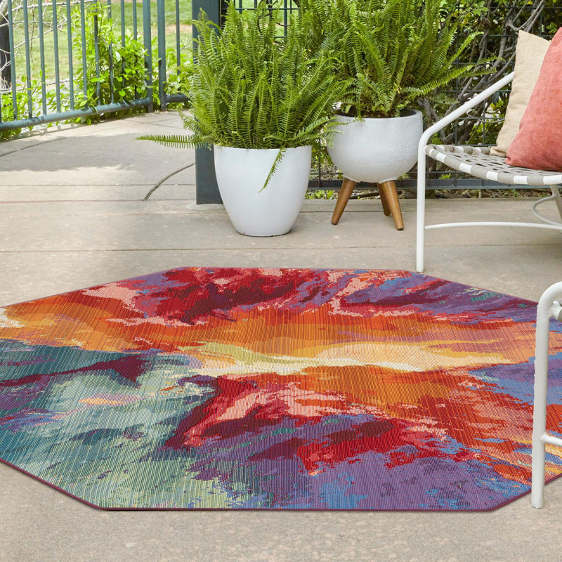 Azaleea Power Loomed Polypropylene Outdoor Are Rug in Blue/Red/Orange, Octagon 5'3" x 5'3"