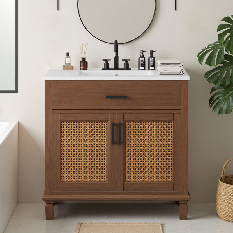 Meuble-lavabo autoportant de 36 po avec lavabo en céramique, rangement ouvert avec 2 tiroirs et portes à fermeture en douceur