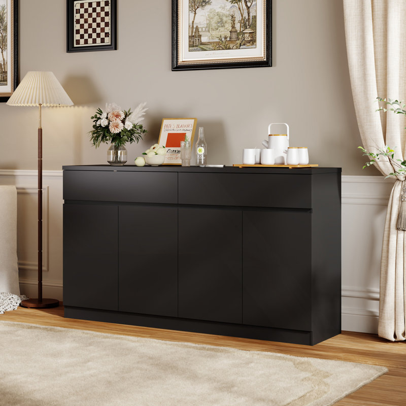 Buffet avec rangement, grande armoire de cuisine avec 2 tiroirs et 4 portes, Noir