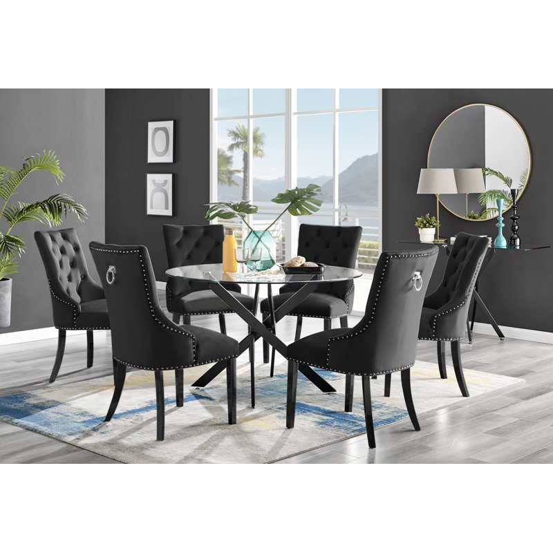 Tierra Modern Chrome Metal & Glass Round Dining Table Set with 6 Luxury Button Velvet Chairs, Black