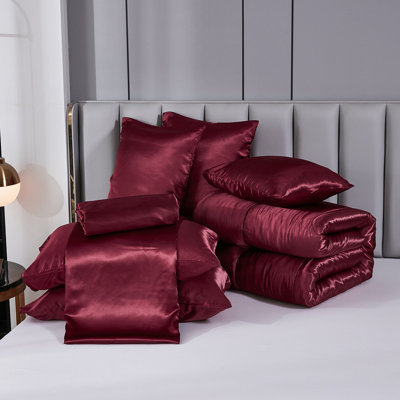 Satin Comforter Set with Sheet Set Queen 8 Pcs Silk Like Burgundy Bedding Set Luxury Silky Comforter Set with 1 Cushion Cover