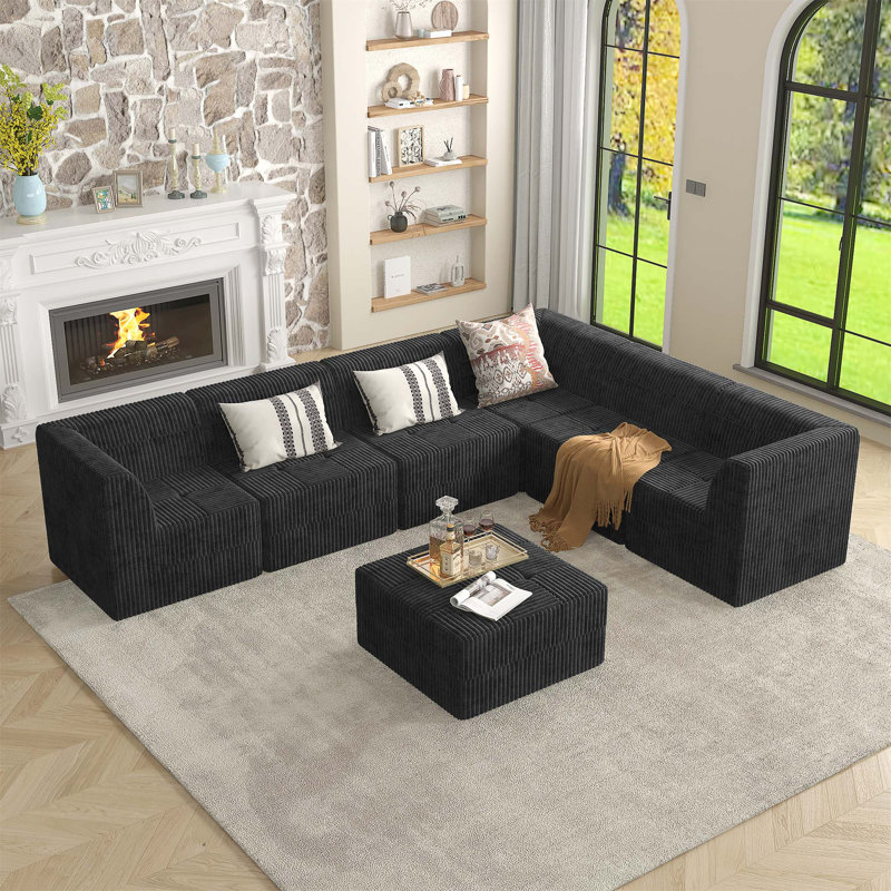 Canapé modulaire Boneless Vasya, Velours côtelé noir, H 29,92 po x l 130,32 po x P 97,25 po