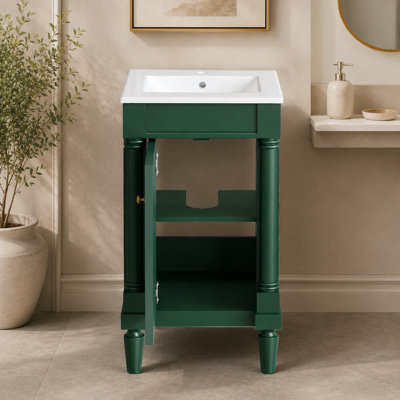 Meuble de salle de bain de style français de 46 cm (18,07 pouces) avec lavabo en céramique, tablette réglable, charnières à fermeture douce, vert