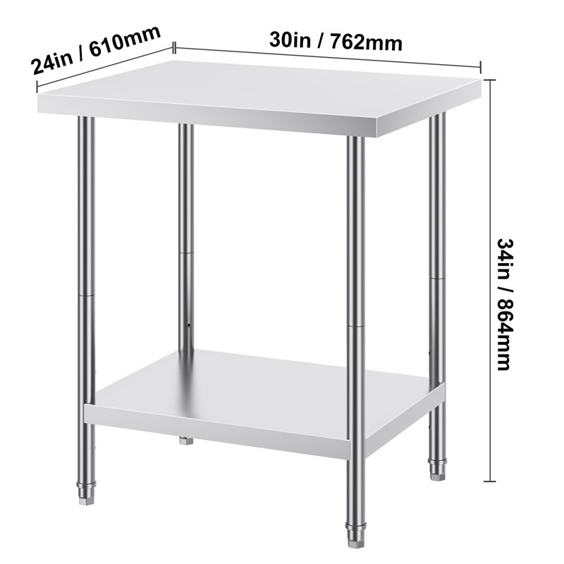 Table de préparation en acier inoxydable table de travail en métal robuste avec 3 niveaux de hauteur réglables