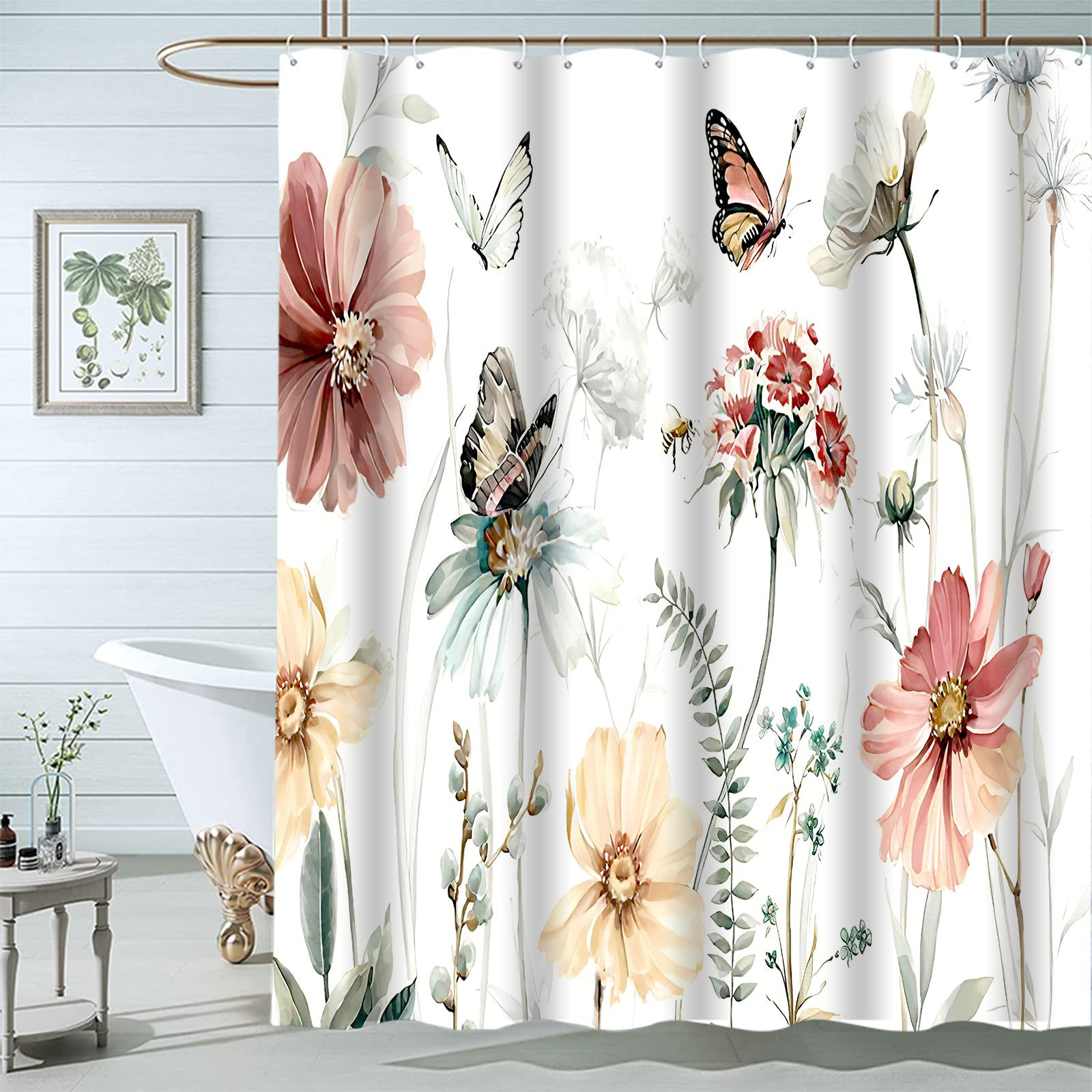 Red Barrel Studio® Galven Floral Shower Curtain with Hooks Included ...