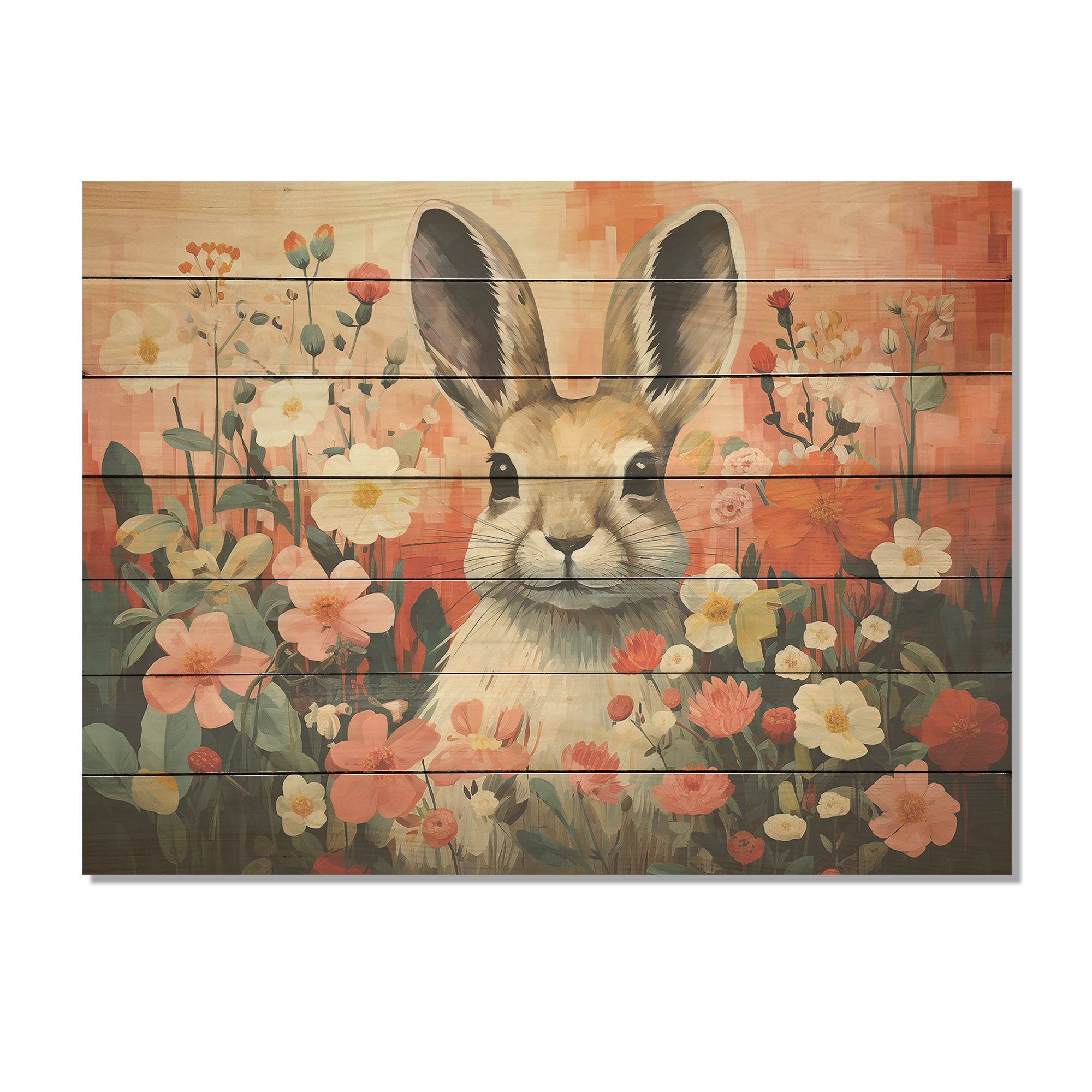 August Grove® Pink Rabbit Flower Meadows - Rabbit Animal On Wood Print ...