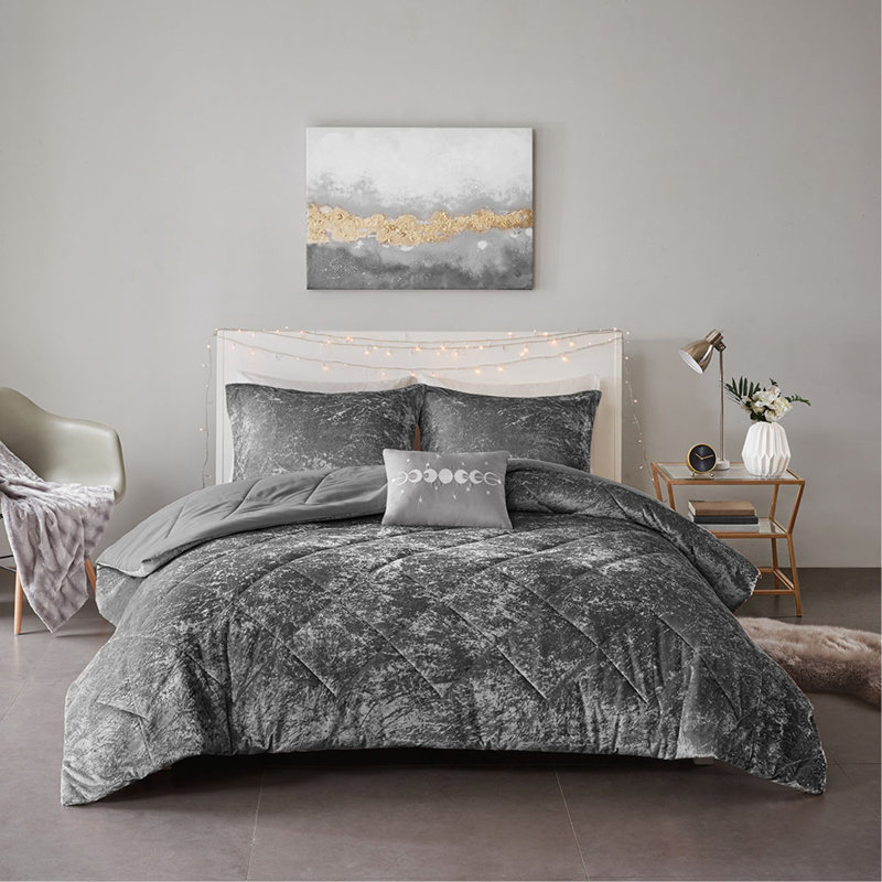 Ensemble d'édredon en velours double / grand avec coussin décoratif, Gris, Édredon pour lit double / grand lit + 3 pièces s