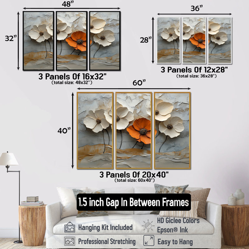 Blanc et orange, coquelicots en fleurs - coquelicots, art mural pour le salon - ensemble de 3, H 28 po x l 36 po, Noir