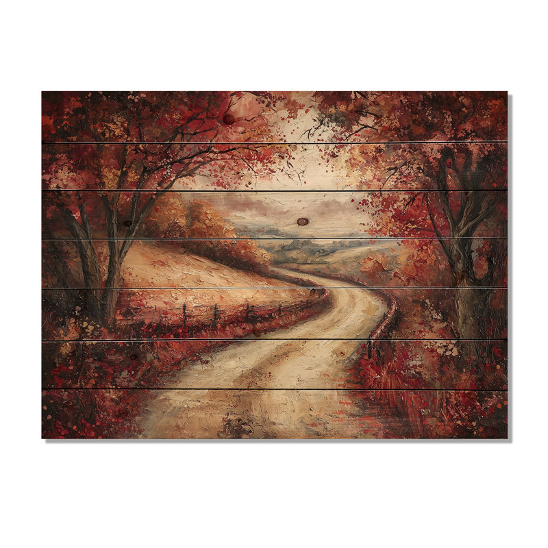 Country Lane In Autumn I - Impression sur bois de forêt - sur bois de pin naturel, H 10 po x l 20 po x P 0,78 po
