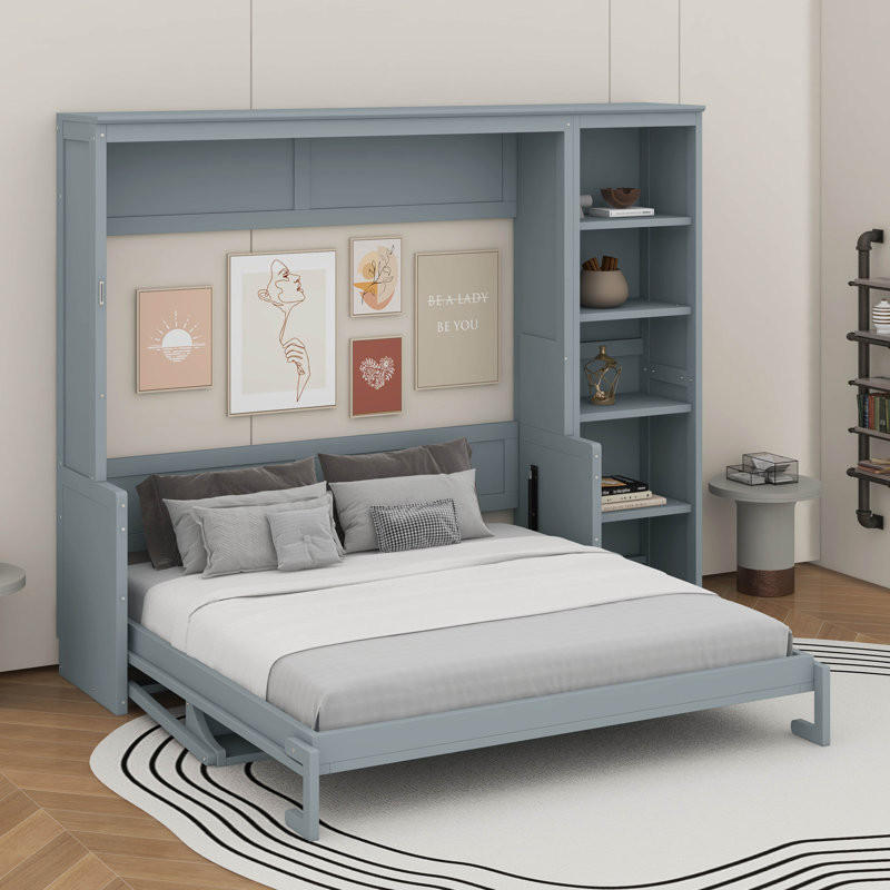 Queen Size Murphy Bed With Desk And Bookshelf, Grey, Queen