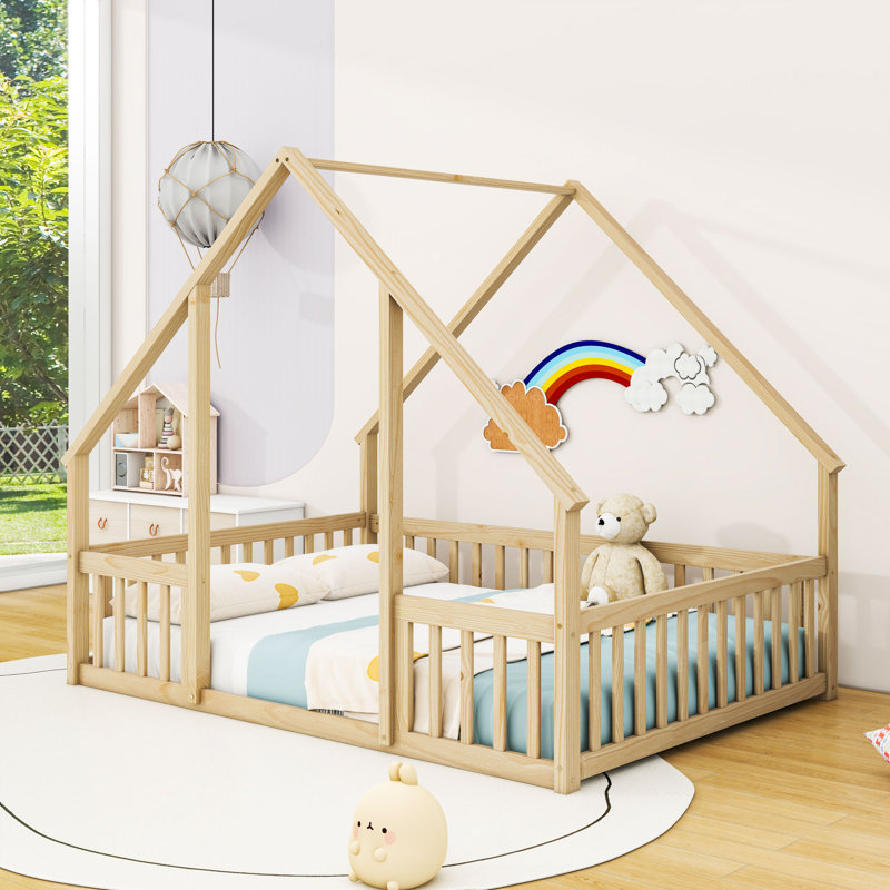 Wood House-Shaped Floor Bed With Fence, Natural, Full