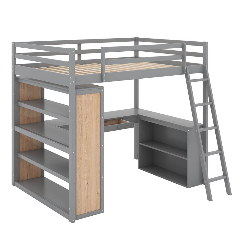Lit mezzanine double avec tablettes et bureau, Gris