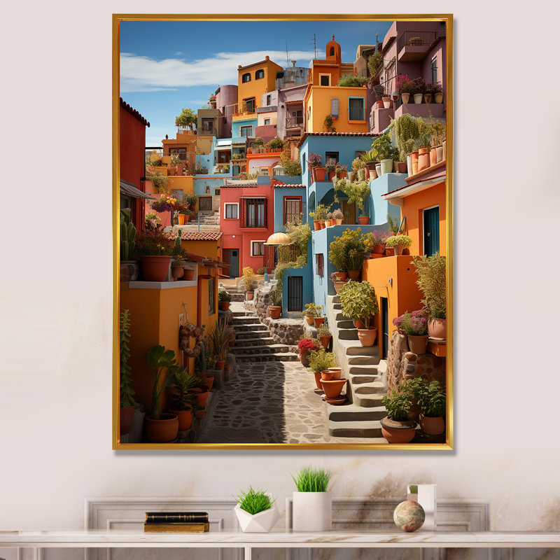 Madeehah Colorful Mexico Colorful Casas This IX sur impression sur toile, H 32 po x l 16 po x P 1 po, Cadre flottant doré