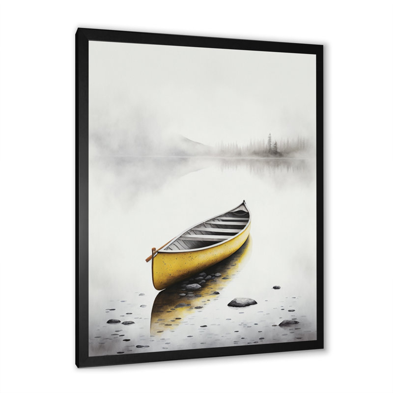 «Yellow Canoe On The Lake I» - art mural sur toile de bord de mer, H 20 po x l 12 po, Cadre photo noir