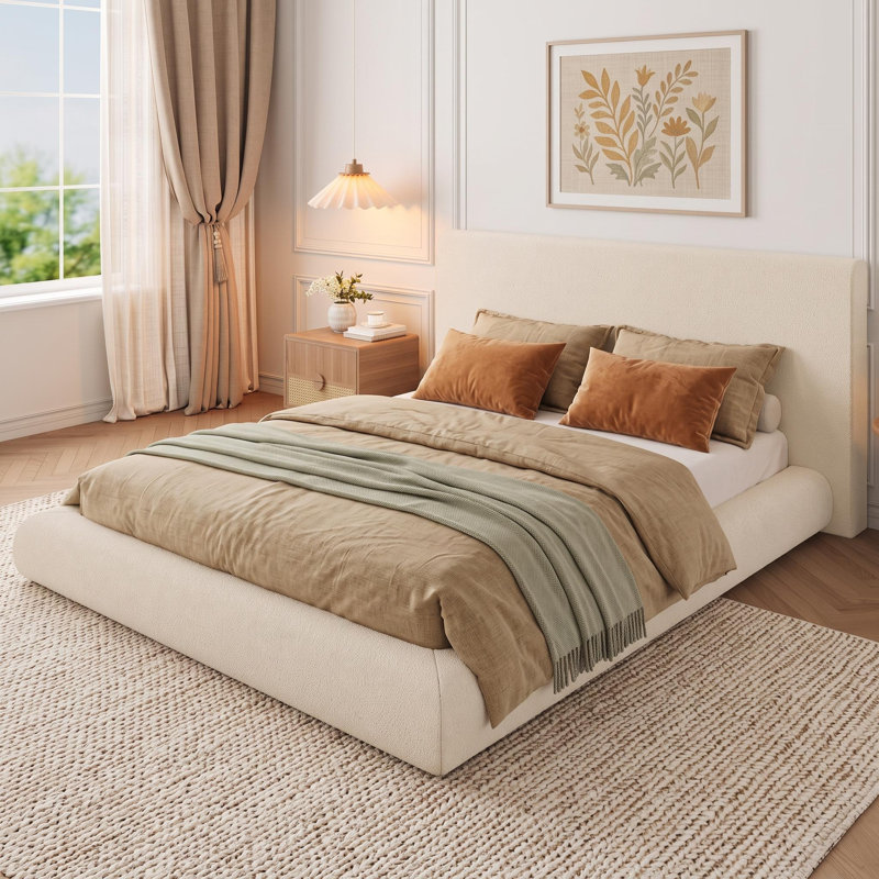 Lit plateforme très grand avec tête de lit tapissier très grand, tissu moelleux doux, aucun sommier requis, assemblage facile