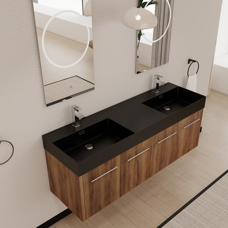 Meuble-lavabo mural 60 po avec lavabo épais 60 po, Brun ébène / or, Noir