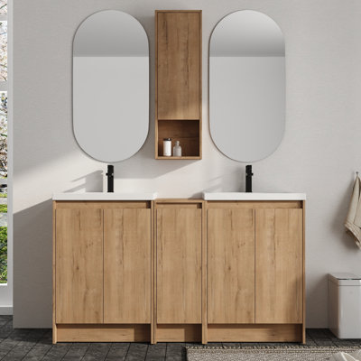 Meuble-lavabo double autoportant 60 po avec plateau en résine et rangement mural pour salle de bain 12 po Vowar