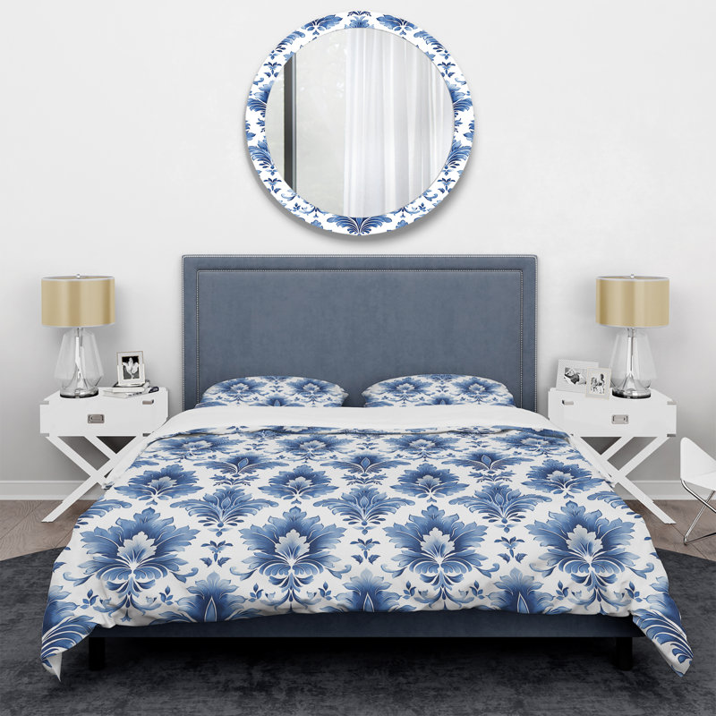 Ensemble de housse de couette transitionnel bleu et blanc intemporel damassé Glamour Art V