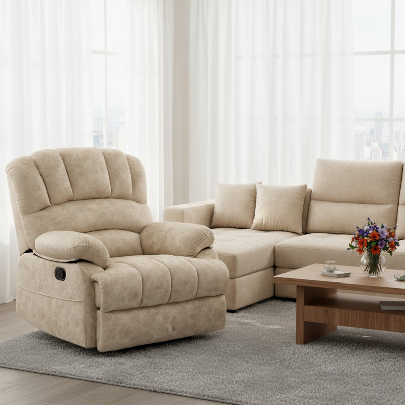 Mistydawn Large Manual Recliner Velvet Manual Recliner With Storage Pockets, Beige