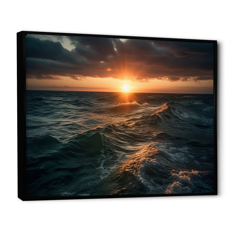 Coucher de soleil sur l'océan - Imprimé, H 12 po x l 20 po x P 1 po, Cadre flottant noir