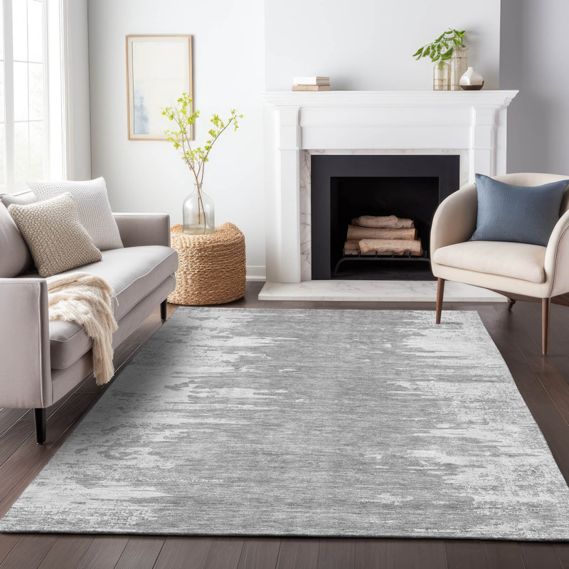 Tapis argenté de qualité supérieure lavable à la machine Kolten, Rectangulaire 8 pi x 10 pi