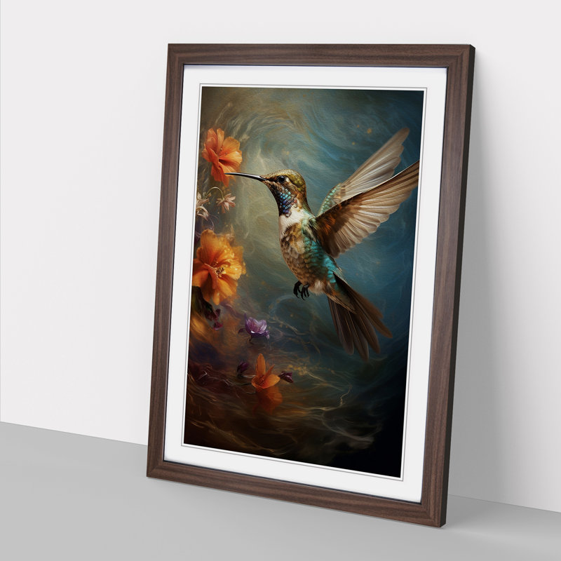 Hummingbird Conceptual - Single Picture Frame Print on Wood, 34cm H x 25cm W x 2cm D, Walnut Framed
