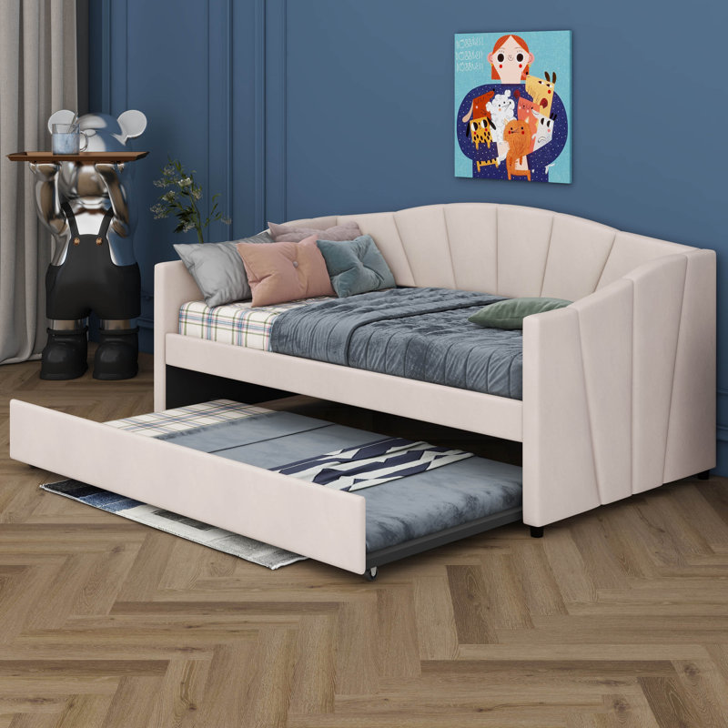 Ellengard Upholstered Daybed Sofa Bed Twin Size With Trundle Bed And Wood Slat, Beige