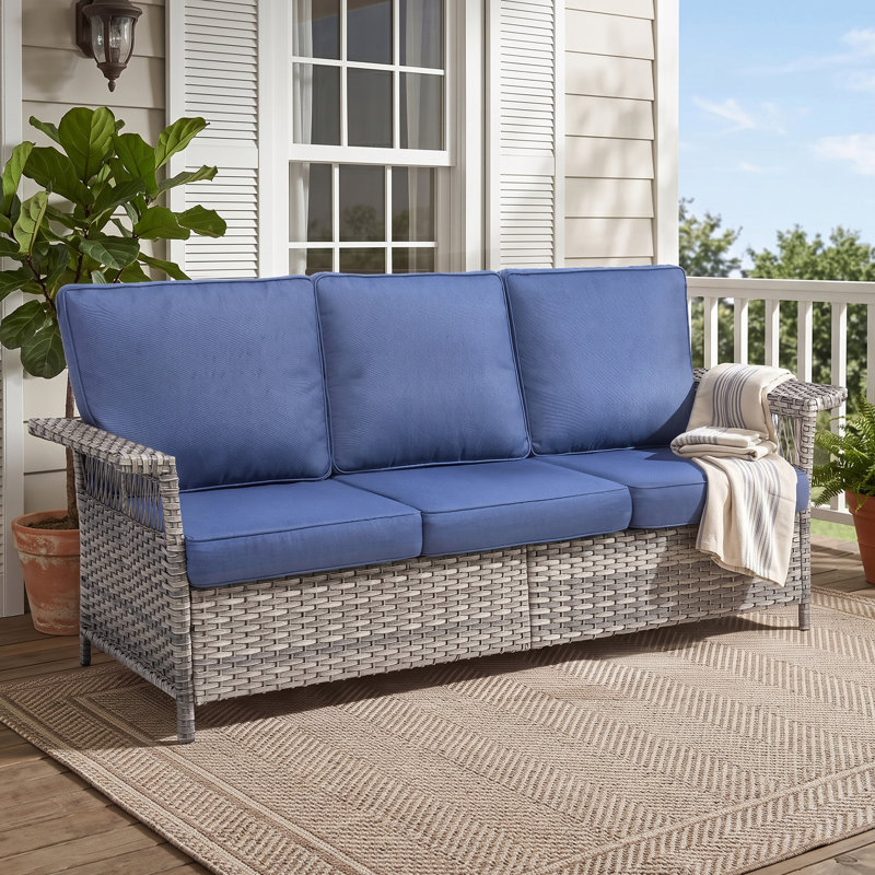 Canapé de patio extérieur en osier toutes saisons, canapé en rotin 3 places avec assise profonde et coussins épais