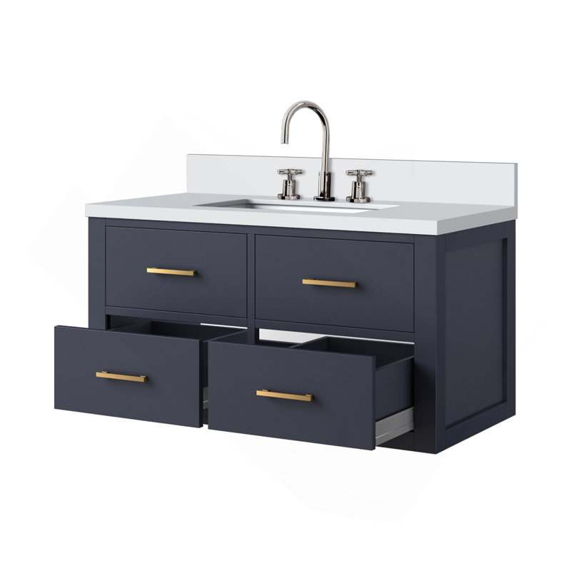 Meuble-lavabo simple bleu 36 po X P 22 po D, dessus en quartz blanc et ensemble de robinet, Bleu, 36"