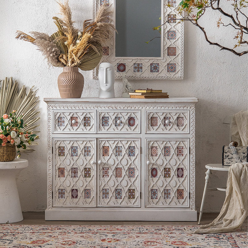 Buffet en bois patiné de 47,24 po ivoire Farmhouse