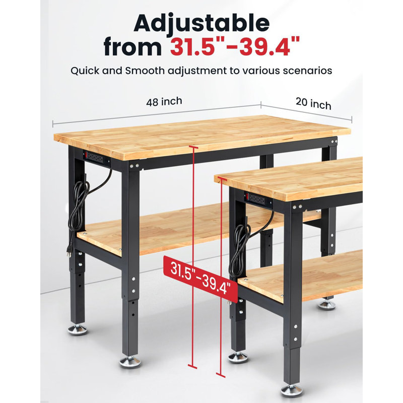 Solid Wood Top Height-Adjustable Workbench, 39.4" H x 48" W x 20" D