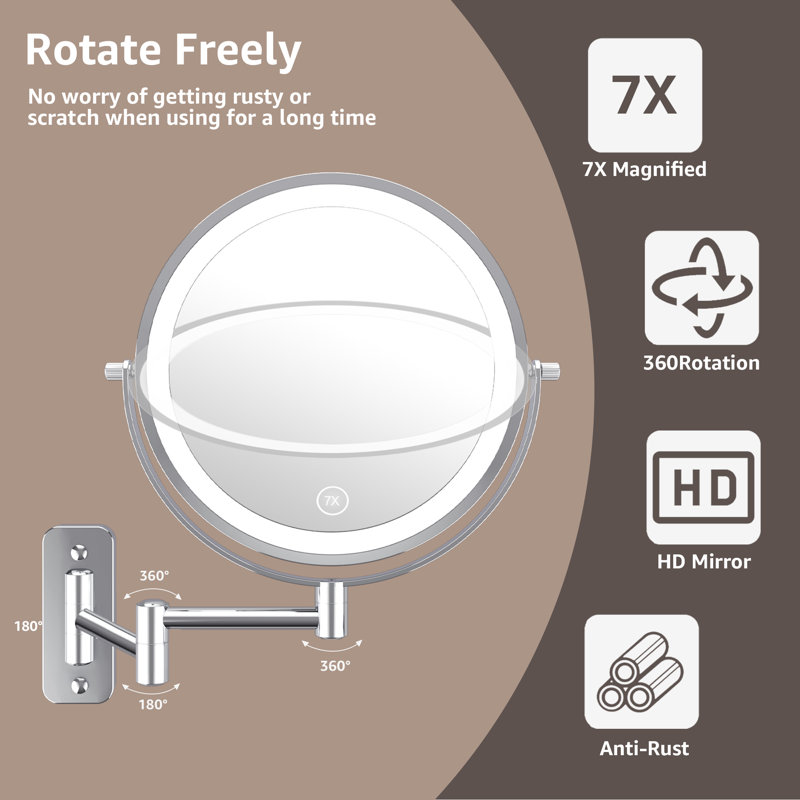 Metal Wall Mounted 8" Led Makeup Mirror With Magnification, 3 Color Led Lights Makeup Mirror, Chrome, 10x
