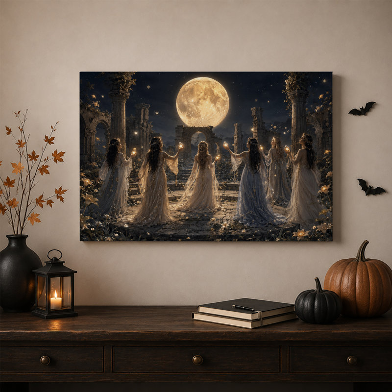 Femmes en robes tenant des orbes lumineuses sous une toile murale d'Halloween, H 16 po x l 24 po