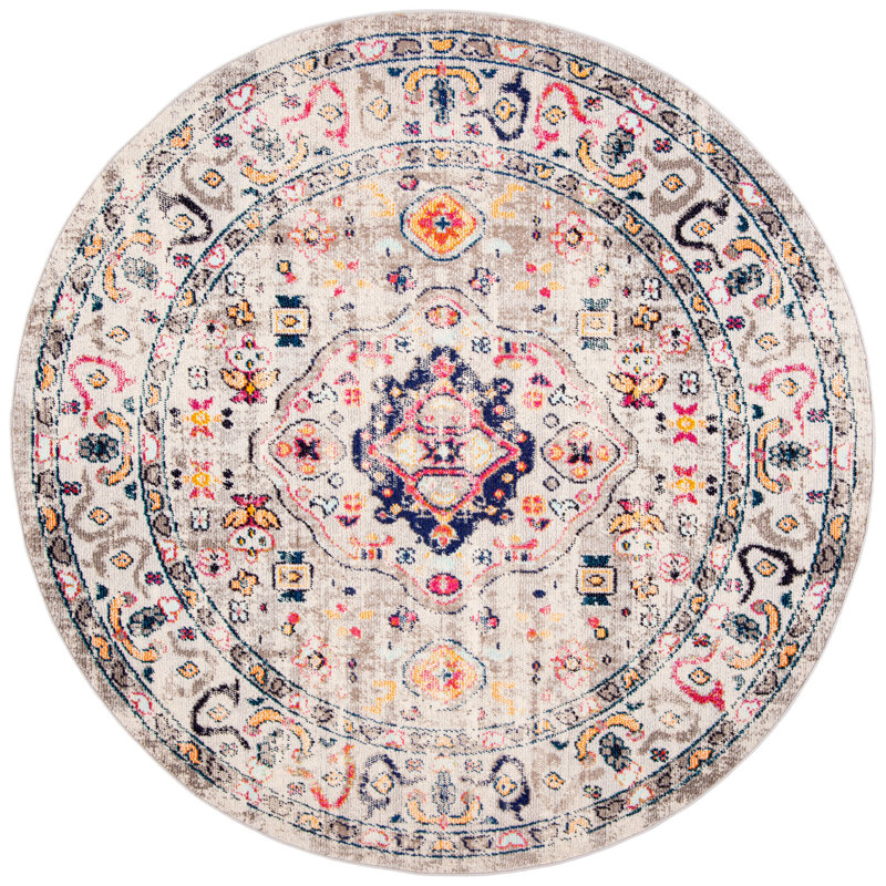 Felty Oriental Grey/Blue/Orange Area Rug, Round 5'