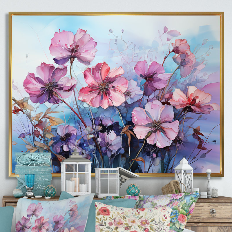 Fleurs d'hortensias roses et mauves sur toile, Cadre flottant doré, H 34 po x l 44 po