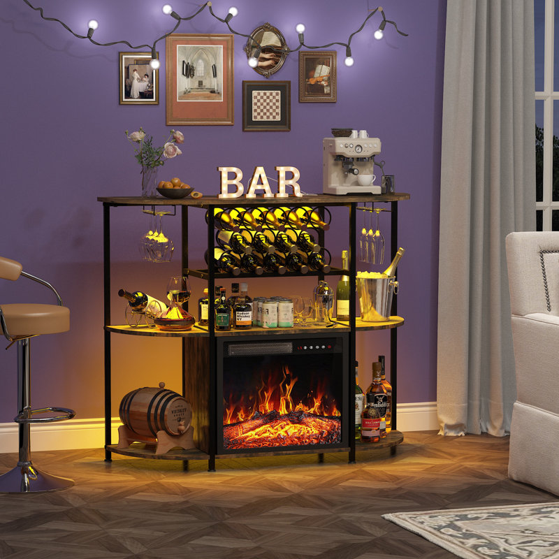 Bar 47 "avec foyer, support pour bar à vin avec porte-verre et support à vin, Brun rustique