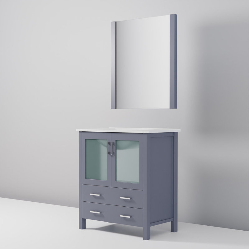 Bath Vanity 30 In. W X 18.25 In. D, Ceramic Top, And 28 In. Mirror, Dark Grey