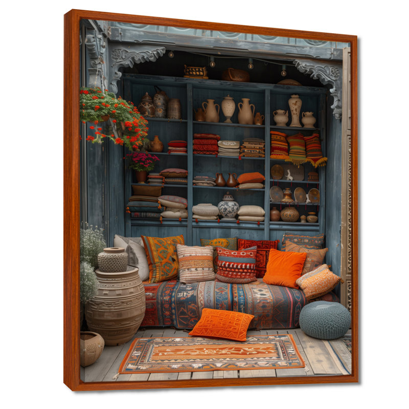 Orange bleu bohémien bazar Boho - art mural du Maroc, salon, H 20 po x l 12 po x P 1 po, Cadre flottant brun