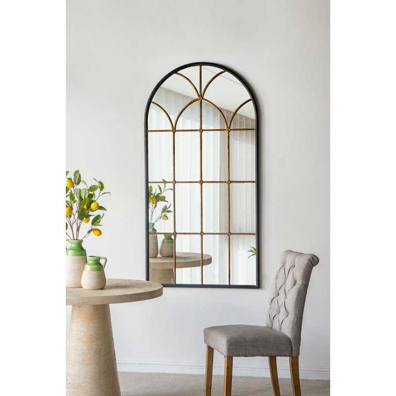 Arched Full-Length Mirror with Black and Gold Windowpane Design