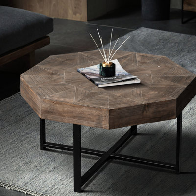 Table basse octogonale en bois pour le salon, couleur brun antique avec structure en métal