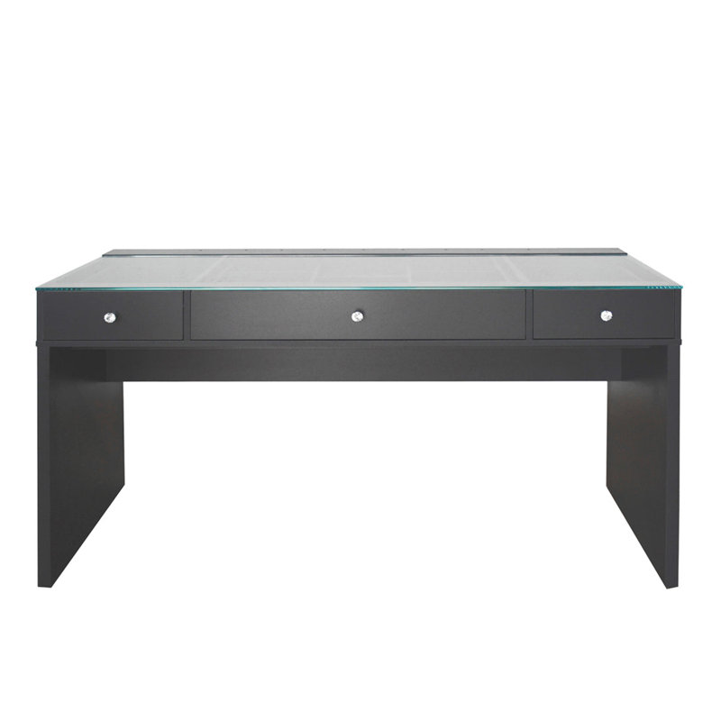 SlayStation Naomi Vanity Table with Glass Tabletop, 4 Drawer Units Bundle Makeup Desk with Clear View Glass Top, Charcoal