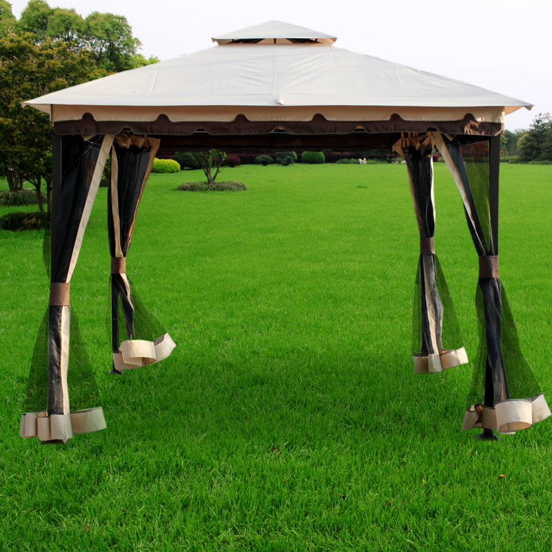 Beige and Black Steel Square Patio Gazebo with Tiered Roof