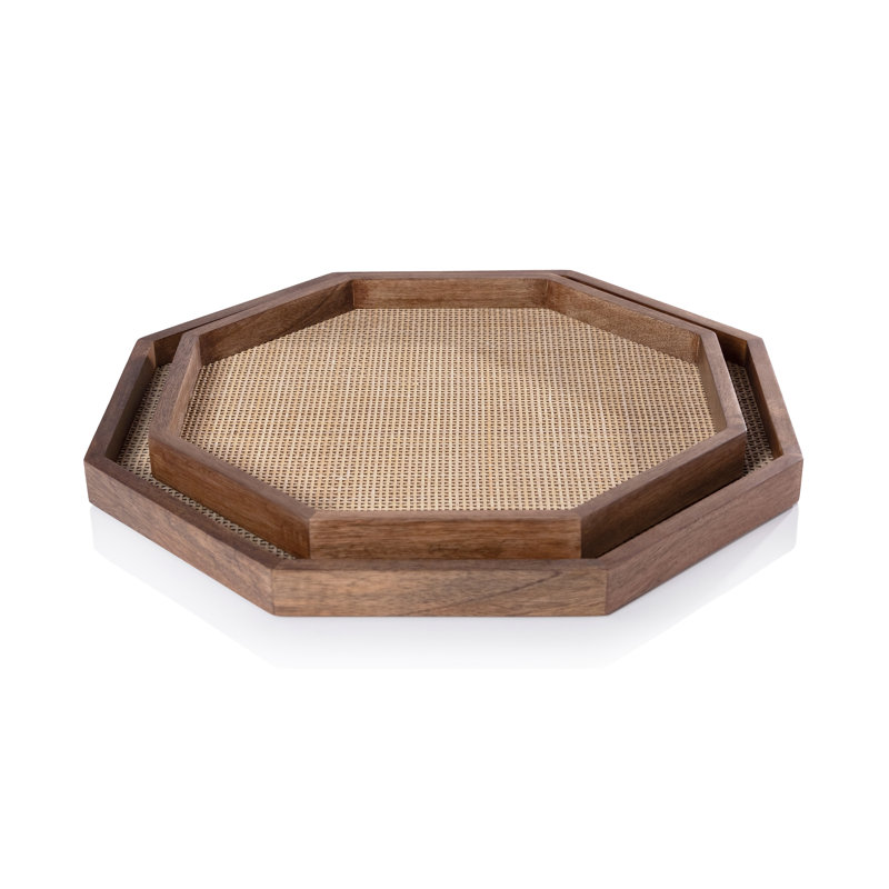Bois de manguier Conferina avec plateau octogonal en rotin, H 1,25 po x l 18 po x P 18 po
